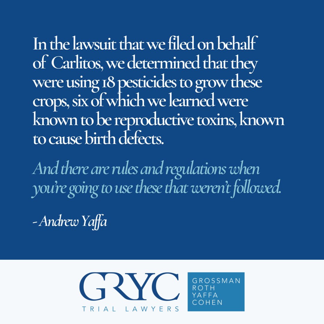 During his investigation, GRYC Partner Andrew Yaffa discovered a series of negligent acts committed by Ag-mart that had a lasting, devastating effect on the health of employees and the environment.  

Learn more: hubs.ly/Q02LYscV0

#PesticideExposure #BirthInjury