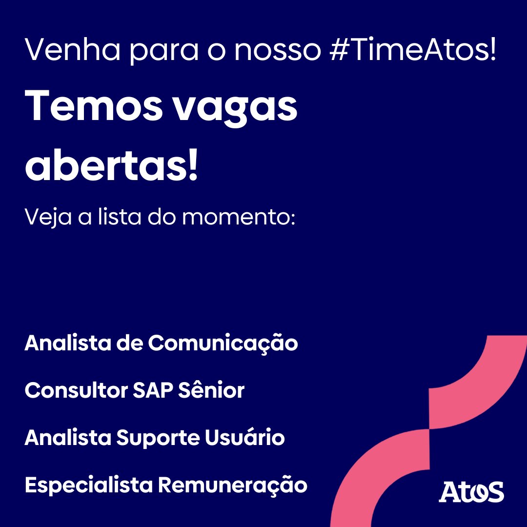 Confira as oportunidades para fazer parte do nosso #TimeAtos na sessão de vagas no LinkedIn! 
 
Venha escrever a sua história de sucesso em uma empresa reconhecida pela #GPTW como uma das melhores de TI para trabalhar do Brasil. 
 
spr.ly/6017lqdVh
 
#Atos #AtosBrasil