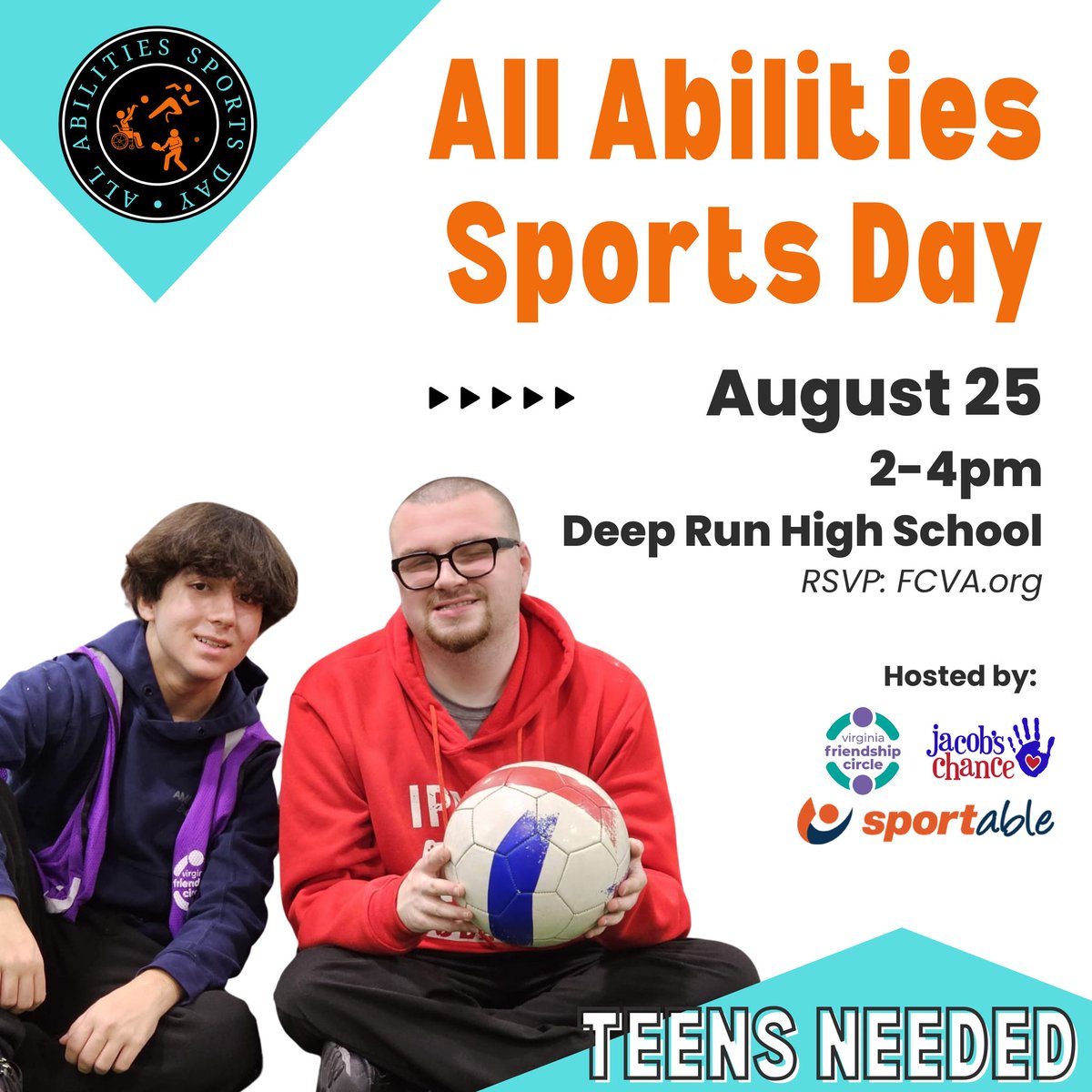 Teens needed for our All Abilities Sports Day this Sunday @ Deep Run HS!

Individuals between 12-25 are needed to be matched w/kids &amp; teens w/disabilities for friendship &amp; fun while playing various adaptive sports led by Sportable &amp; Jacob's Chance!
tinyurl.com/FCVA-AASD