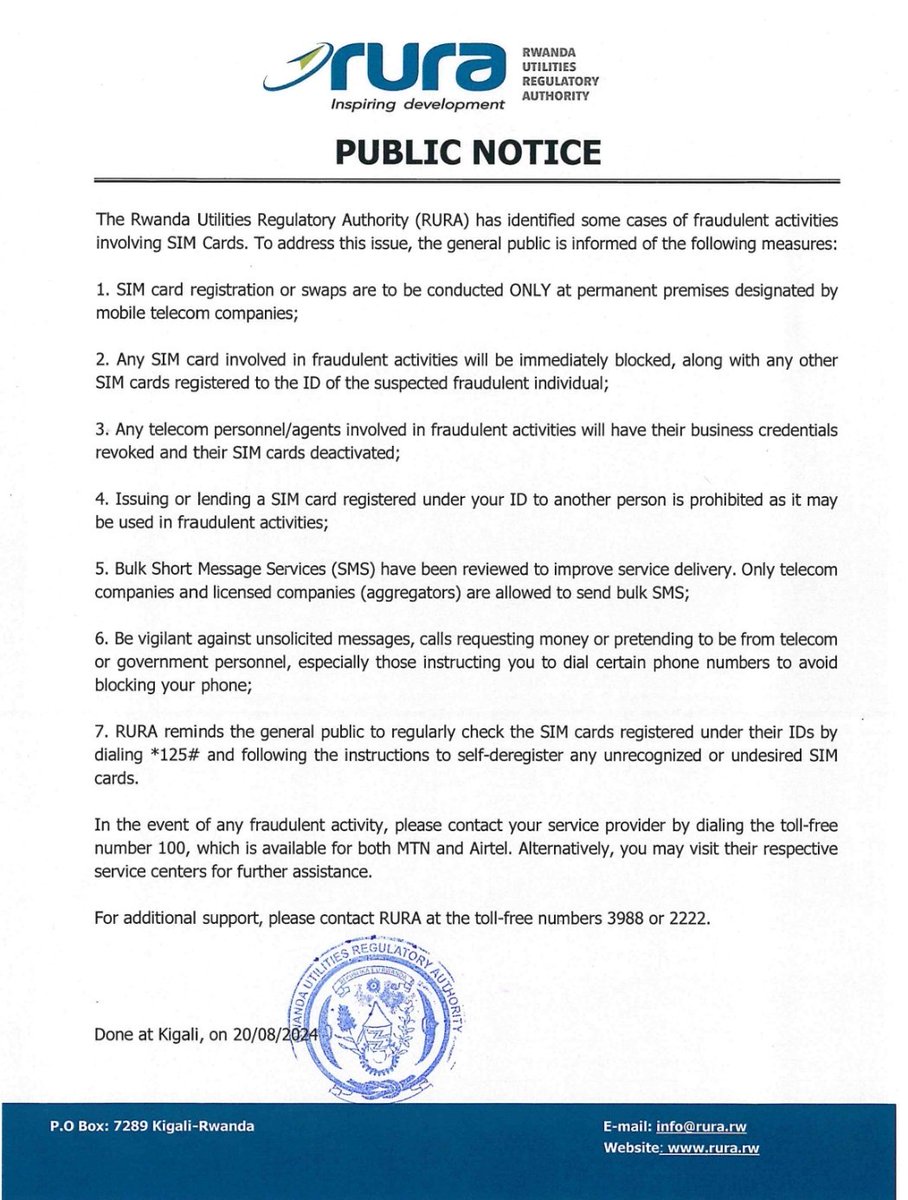 PUBLIC NOTICE on measures taken in response to sim card/ sim swap scams.