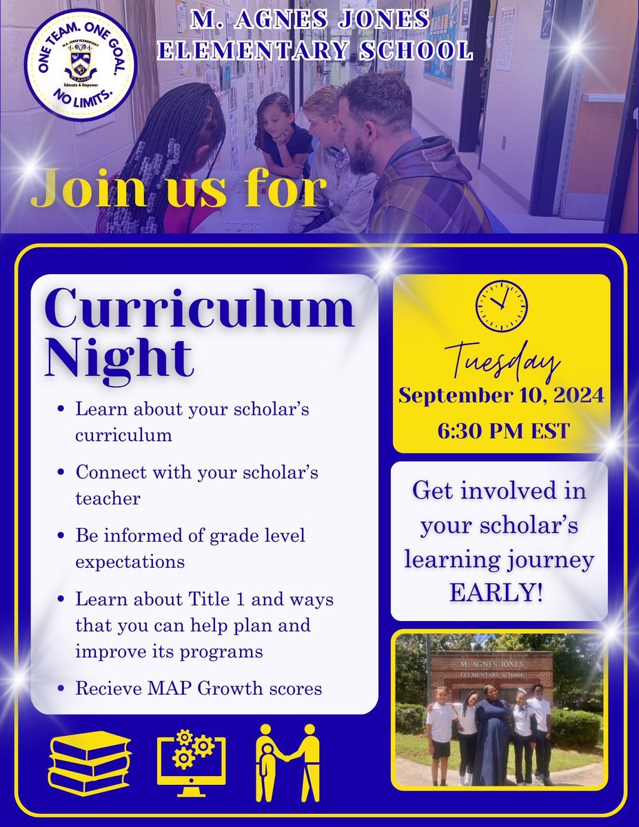 APSMAJ_Elem's tweet photo. MAJ Parents! 📌Save the date for September 10th! This year’s curriculum &amp; Title 1 night is one you don’t want to miss! 💛💙 Get involved in your scholar’s learning journey EARLY ✅ Join us at 6pm for the Title 1 meeting and 6:30pm for the curriculum session. https://t.co/UZKll6qPao