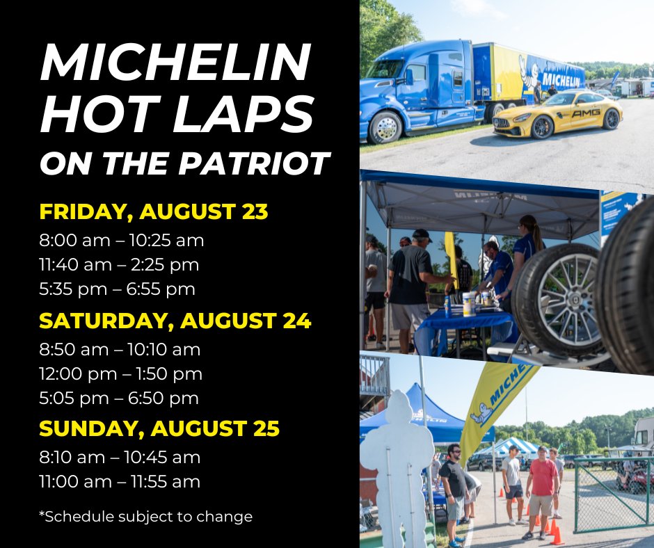 While the Full Course is hot with <a href="/IMSA/">IMSA</a> action our friends at <a href="/MichelinRaceUSA/">Michelin Racing USA</a> will be running hot laps on the Patriot Course all weekend during #MichelinVIR! Stop by the <a href="/MichelinUSA/">Michelin USA</a> vendor booth to sign up for your time on track!

🎟️: ow.ly/fYH650SX8ae