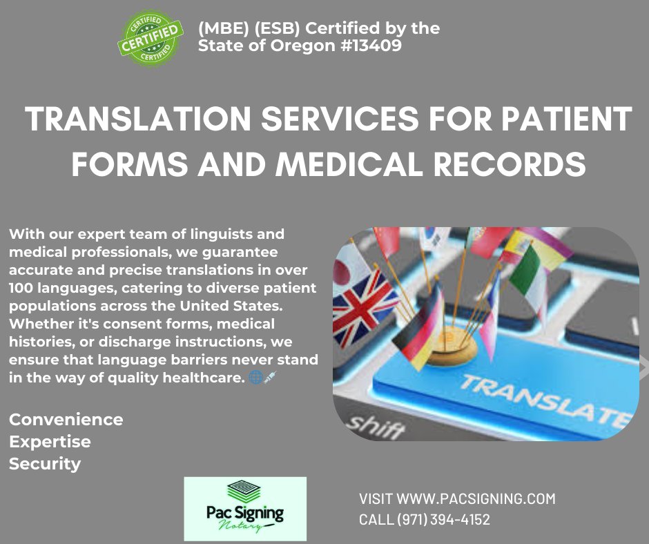 pacsigning's tweet image. 🌍 Seamless Translation Services for Patient Forms &amp;amp; Medical Records! 🌟

Website: pacsigning.com
Call : 971-394-4152

#MedicalTranslation #PatientForms #CertifiedTranslation #MedicalRecords #NotaryServices #TranslationServices #ConfidentialTranslation