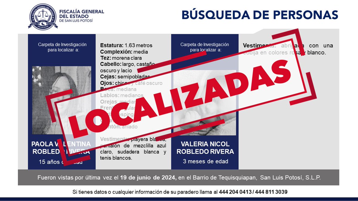 FiscaliaSLP's tweet photo. #Localizadas | Paola Valentina Robledo Rivera y Valeria Nicol Robledo Rivera. https://t.co/ICjd2V5IQM