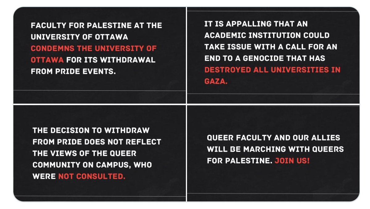 OttawaF4P's tweet photo. Faculty for Palestine is outraged at @uOttawa for its withdrawal from Pride. #uOttawa does not speak for us. Join us on Sunday! https://t.co/lfTyJWEWqN
