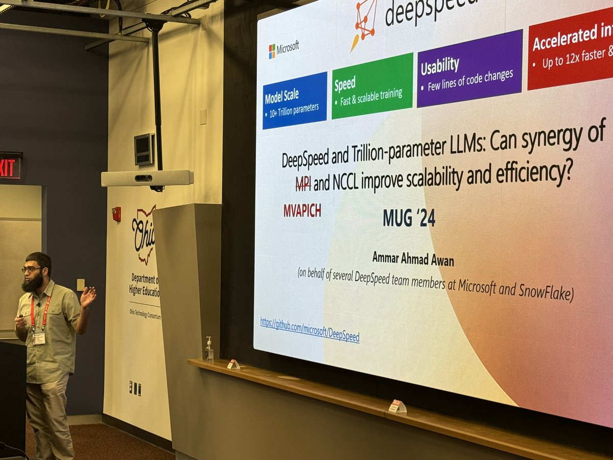 mvapich's tweet image. Dr. Ammar Ahmad Awan from Microsoft DeepSpeed giving a presentation at MUG '24 over Trillion-parameter LLMs and optimization with MVAPICH.
@OSUengineering @Microsoft
@OhTechCo @mvapich
@MSFTDeepSpeed
@MSFTDeepSpeedJP #MUG24 #MPI #AI #LLM #DeepSpeed