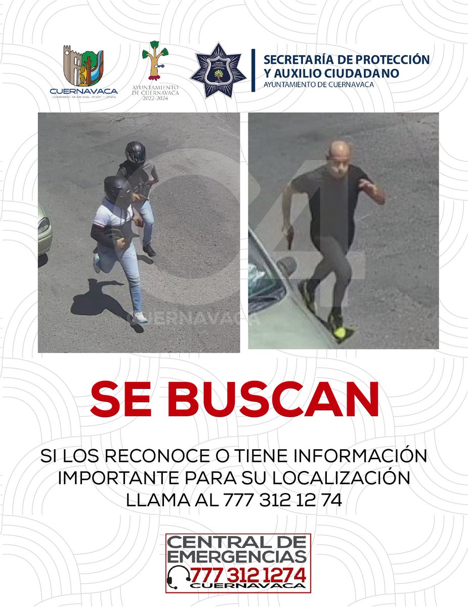 Solicitamos el apoyo para identificar a los presuntos responsables de un hecho de violencia ocurrido en la Carolina la mañana de este martes, cualquier información que se proporcione será recibida con medidas de protección y discreción en el C4 #Cuernavaca 777 312 12 74.