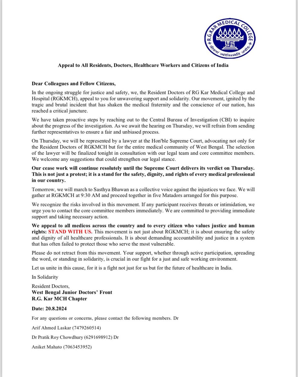 mckrda's tweet photo. **Press Release from RG Kar**
Appeal from RG Kar MCH
🔴 STAND WITH US 🔴
@FordaIndia @FAIMA_INDIA_ @UDAIndia @AIIMSRDA @imajdnnational @IMAIndiaOrg @JudaTelangana @IPAT_Tamilnadu @ImaGhaziabad @rdalhmc @MamcRda @UnitedRda @Indian__doctor @DrRohanKrishna3 #WeWantJustice #RGKAR https://t.co/km7YYKQ0h8