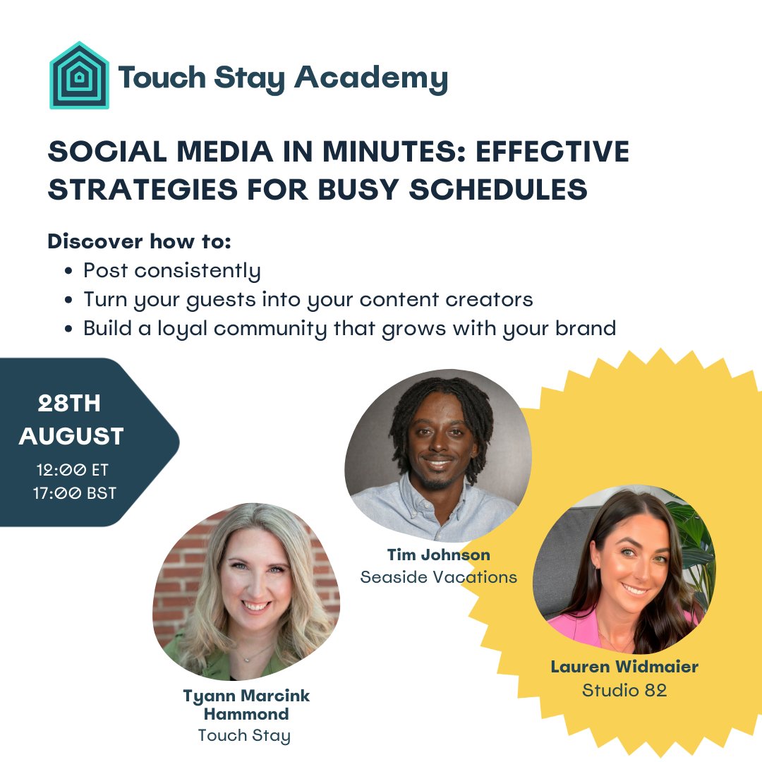 Feeling like you need some fresh inspiration for your STR's social media? 🤔

Join our webinar to hear these experts on how to create engaging, exciting content quickly and build a loyal community that grows with your brand. 

Save your space ⬇️ bit.ly/3MdFp8R