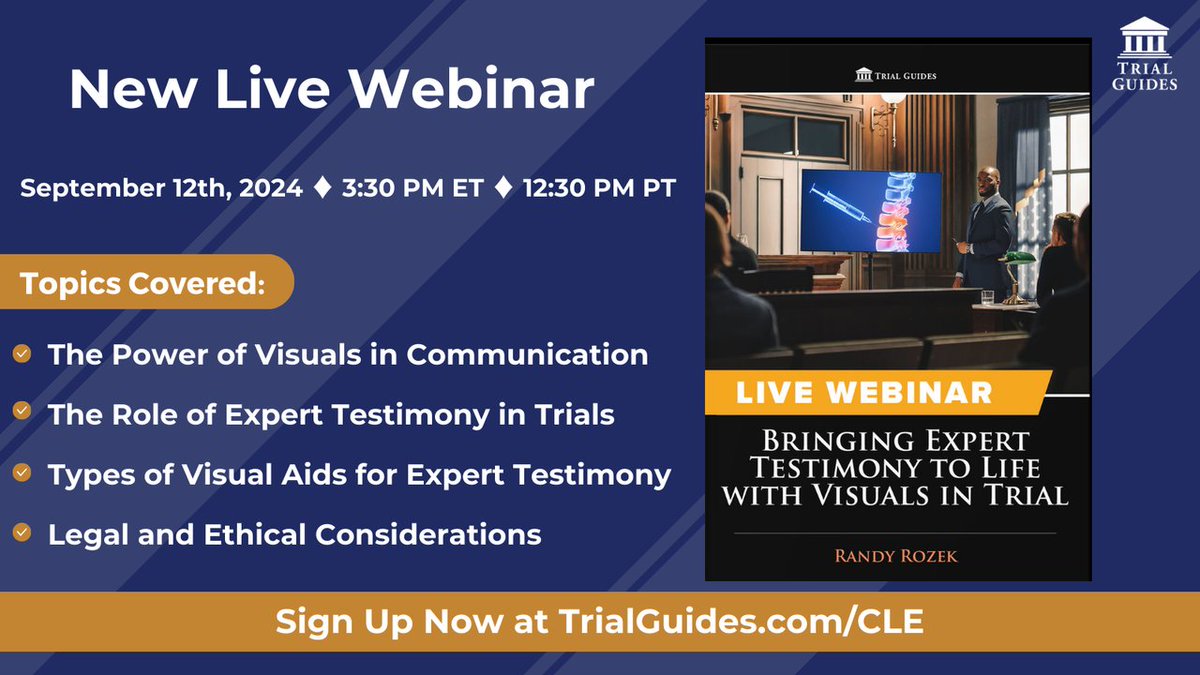 TrialGuides's tweet photo. New Live Webinar: Bringing Expert Testimony to Life With Visuals in Trial on 8/12/24 @ 12:30 PM PT

https://t.co/gR030D4rRo 

#trialguides #legalwebinar #trialstrategy #experttestimony #expertwitness #jurytrial #jurybias #jurytrialstrategy #trial #trialtips https://t.co/HK1yAJuz2q