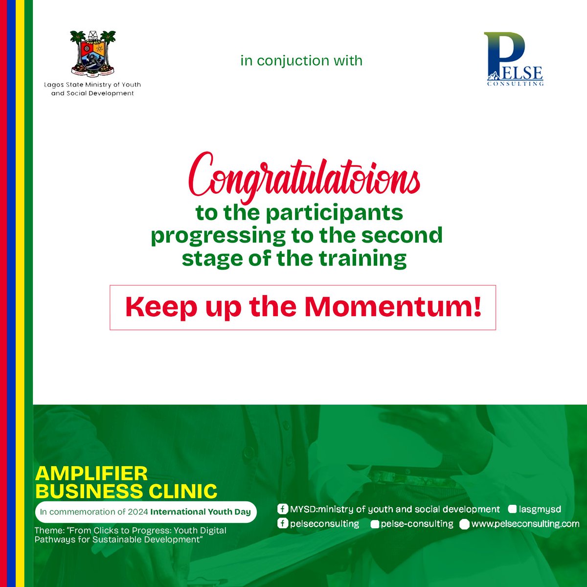 PelseConsulting's tweet photo. Congratulations to the participants advancing to the second stage of the Amplifier Business Clinic! 

Your journey continues, stay focused, keep pushing, and make the most of this opportunity! 

#AmplifierBusinessClinic  #KeepGrowing #Lagos #foragreaterlagos #lasg #IYD2024 https://t.co/6GKs48HZz4