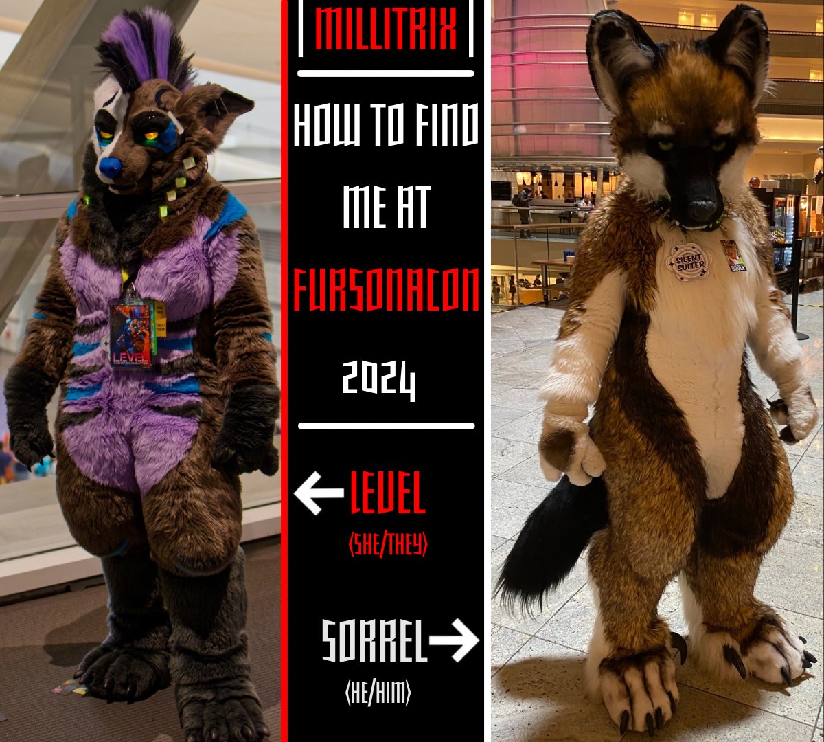 Millitrix01's tweet photo. How to find me at #Fursonacon2024! I'll be attending Thursday - Monday! As Level, I'll be at the dance comp prelims and hopefully the finals, too! Please note that I am a silent suiter, but will gladly interact with everyone I can! ๐ฅ
#fsc24 #FSC24 #fursonacon #fursonacon24 https://t.co/FScOCgGQra