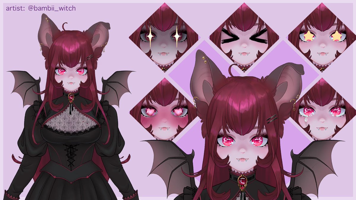 A cute vampire bat girl vtuber model I drew 🖤✨