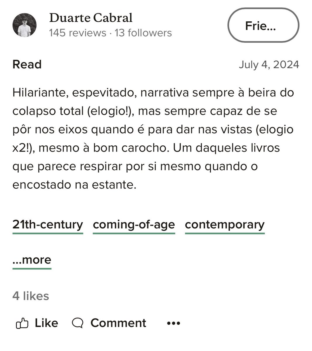 infinitogesto's tweet image. Estou a celebrar as minhas primeiras dez reviews no Goodreads. 

Para quem passou anos a puxar cinco, seis gostos, a diferença é digna de grande celebração — obrigado a todos os leitores de Sinais de Fumo! 

Oxalá chegue um dia em que tudo isto pareça pouco.