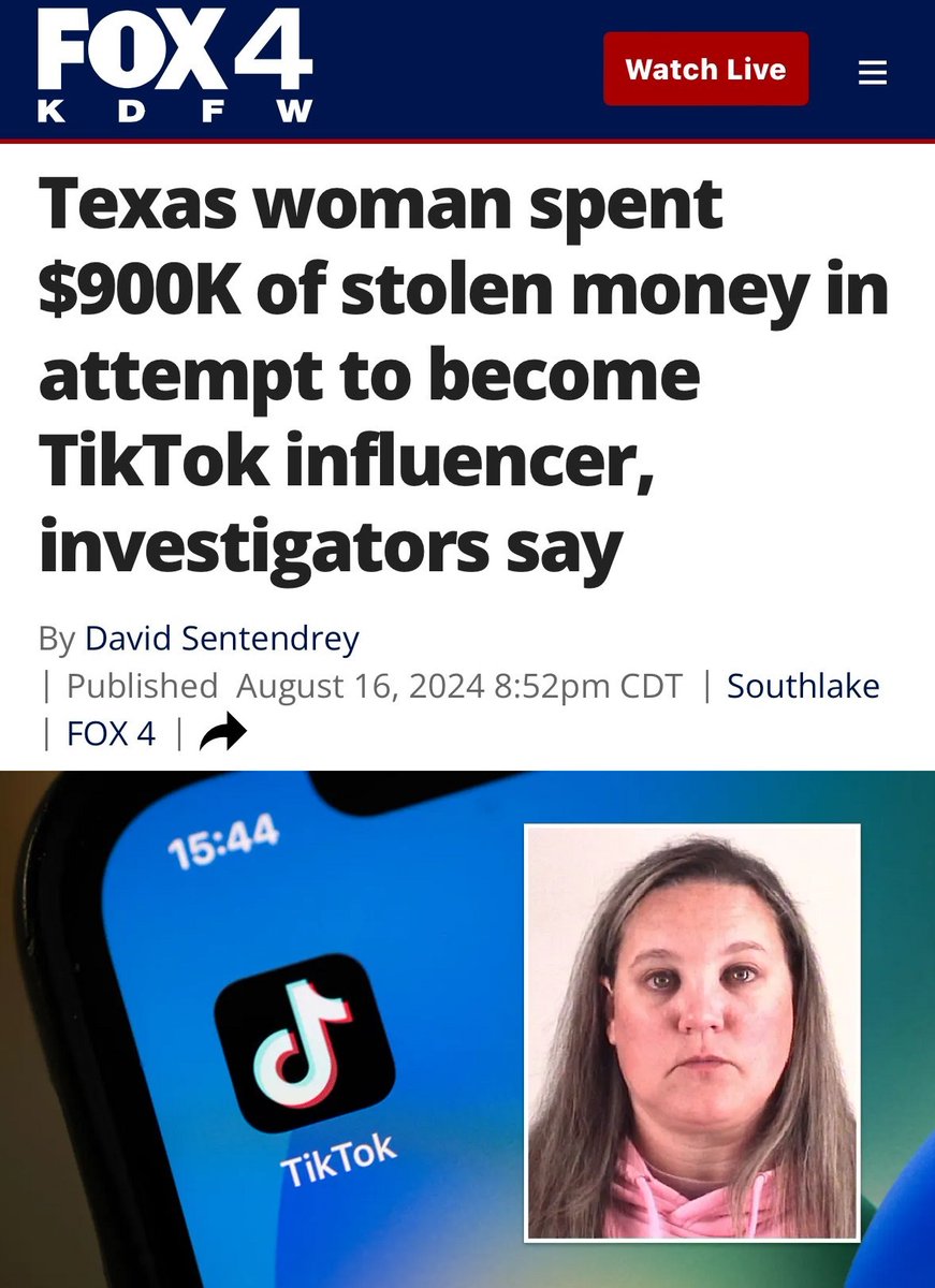 Eyaaaad's tweet image. امرأة من ولاية تيكساس الأمريكية سرقت 900,000$ (قرابة 3.4 مليون ريال) من الشركة التي تعمل فيها وأنفقتها كلها في دفع إكراميات وهدايا للمؤثرين والمشاهير في Tiktok مثل (أسد) و (صاروخ).

مديرها اكتشف عمليات السرقة فأبلغ الشرطة التي حققت في الأمر وقبضت عليها.

المرأة اسمها «ستاسي…