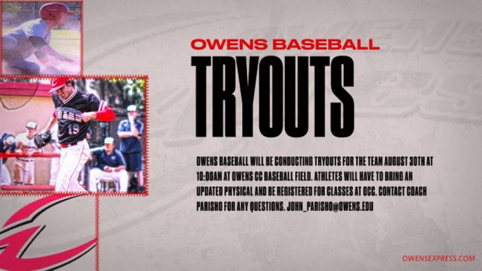 OwensexpressBB's tweet photo. TRYOUTS.. if interested in trying out for the Express please reach out to Coach Parisho john_parisho@owens.edu https://t.co/9OCo3pWoFP