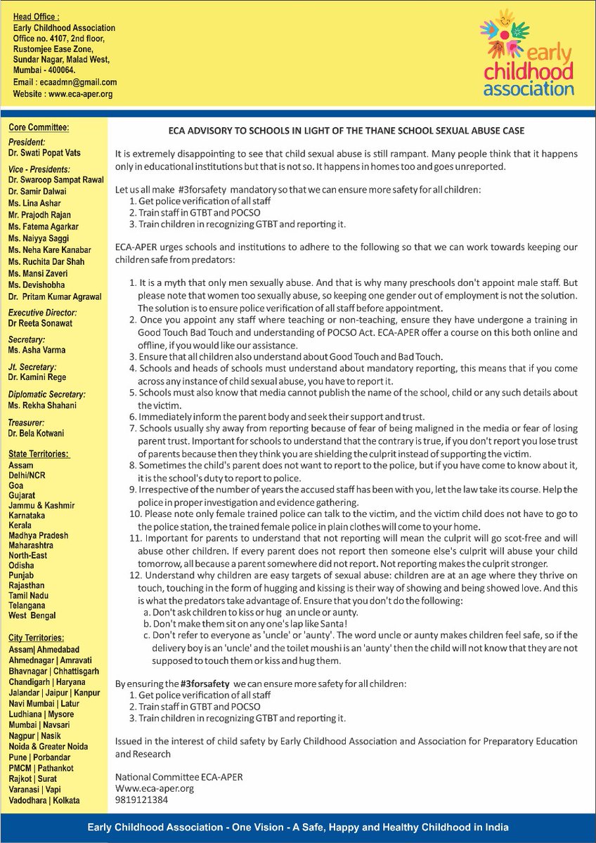 Dear School Owners, Principals and Parents,
Please read this advisory and please ensure all staff undergo POCSO training. We have an online course and come personally to conduct it too. Contact us on ecaadmn@gmail.com