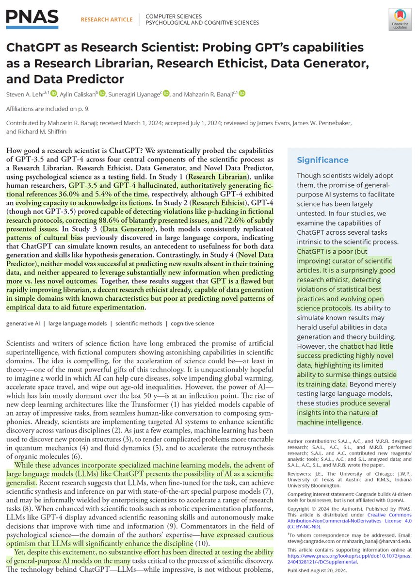 How well do large language models (GPT 3.5 and 4.0) perform as a research #AI scientist?
pnas.org/doi/epub/10.10…
—Poor but improving curator of citations
—Surprisingly good at some aspects of research ethics
—Cultural bias embedded
—Weak for predicting novel data, results outside