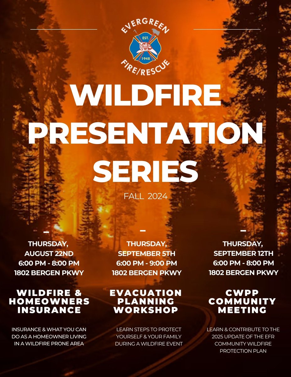 Insurance questions? Tomorrow we are hosting a FREE presentation on Wildfire and Insurance! Join us at the EFR Admin building (1802 Bergen Parkway) from 6-9 p.m. for tips on how to navigate the insurance ecosystem.