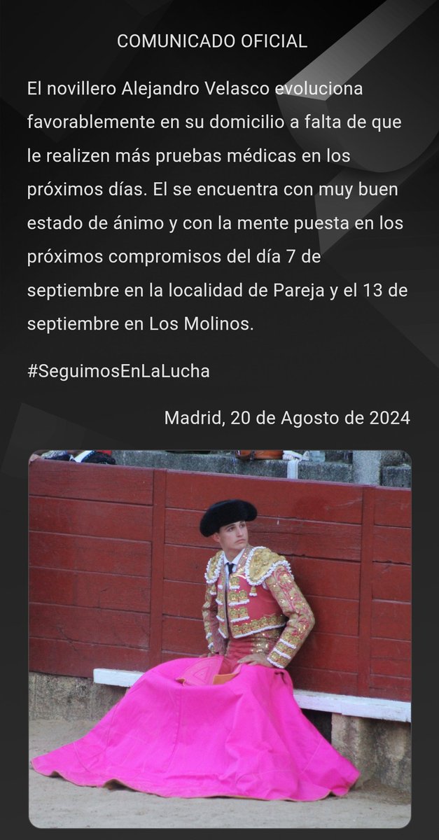 InfoAlexVelasco's tweet photo. Comunicado sobre la evolución favorable del novillero Alejandro Velasco. https://t.co/ge0sqxMQQ2