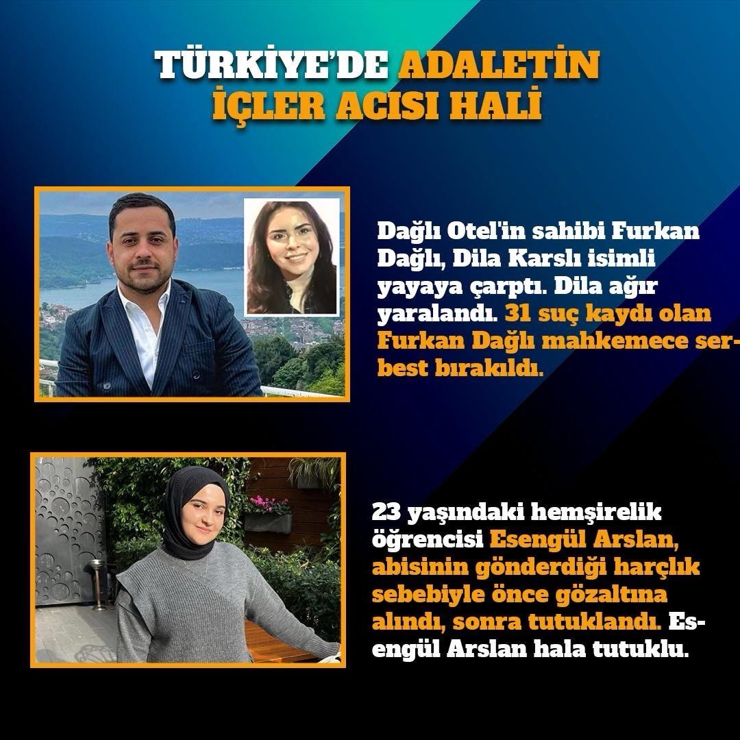 Esengül Aslan 
23 yaşında öğrenci. Kardeşi hesabına harçlık gönderdiği için cezaevinde.
31 suç kaydı bulunan Furkan Dağlı serbest.
Adalet bunun neresinde.

Polis Reha Muhtar #borsa #bist100
SuçlularSerbest Masumlarİçerde