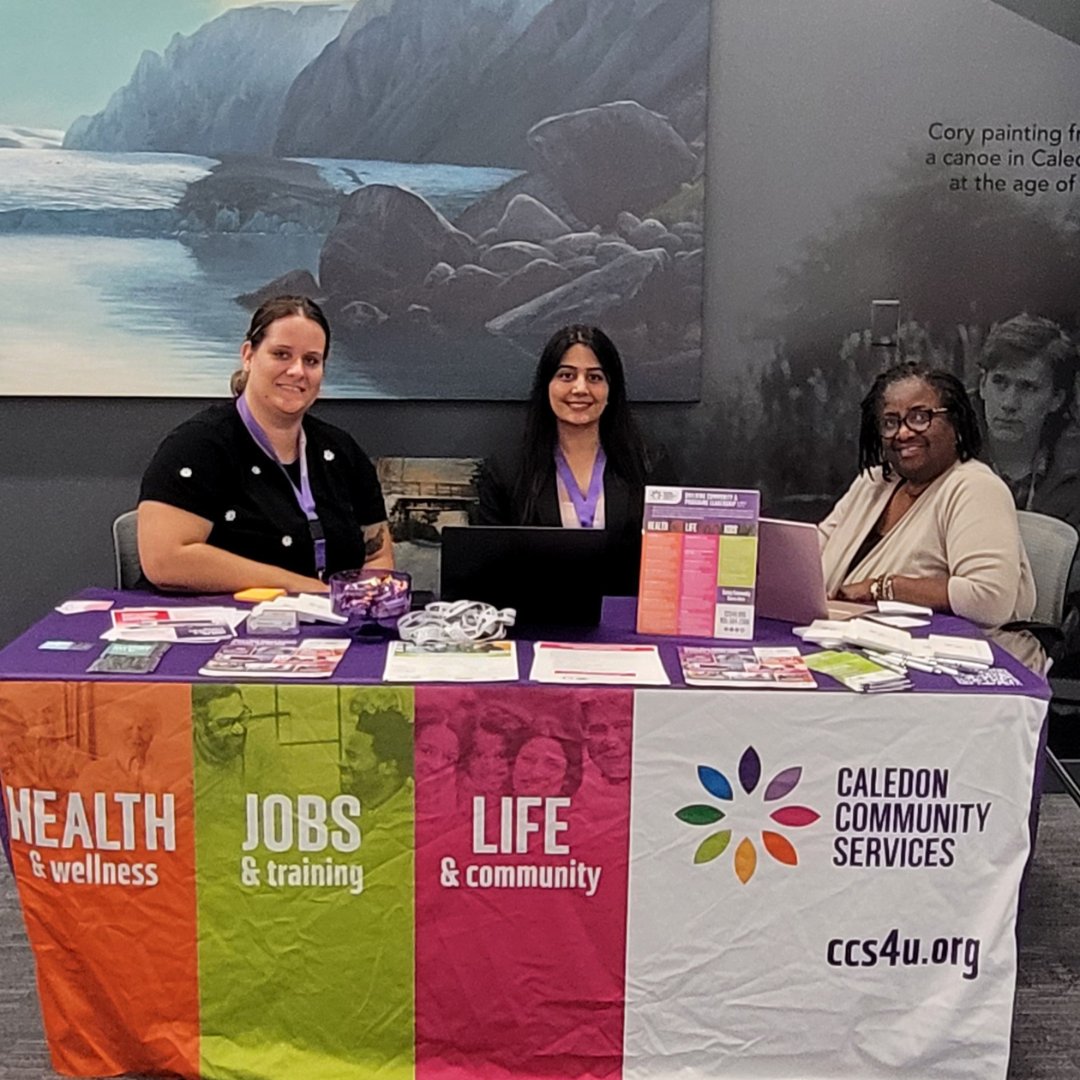 CaledonCS's tweet photo. Happening now! We're participating in our first #CommunityCorner at the Caledon East Branch of the Caledon Public Library (CPL). Come on out and meet Jasleen and Desreen from our #Employment and Training team, and Kayla from our #CommunitySupports team! #Caledon #Community https://t.co/ci18wqqRJW