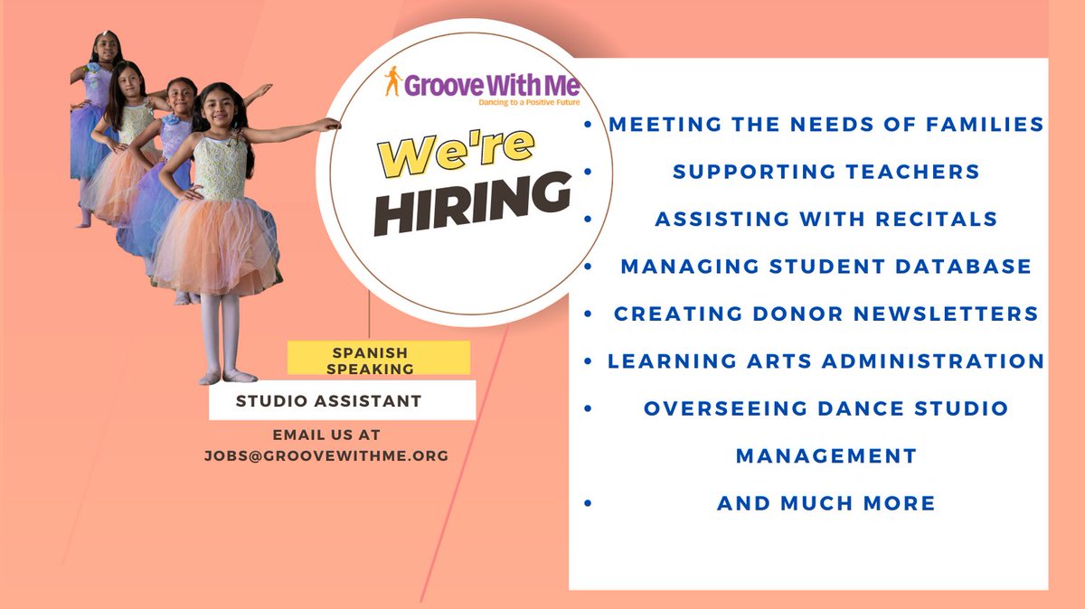 We're hiring.  The studio assistant is front-of-house, working with the children. She helps the afternoon run smoothly supporting the waiting room and lending a hand to the teachers. 

#artsadministration #jobhunt #youthjobs #dancejobs #opportunity #Harlem #jobs