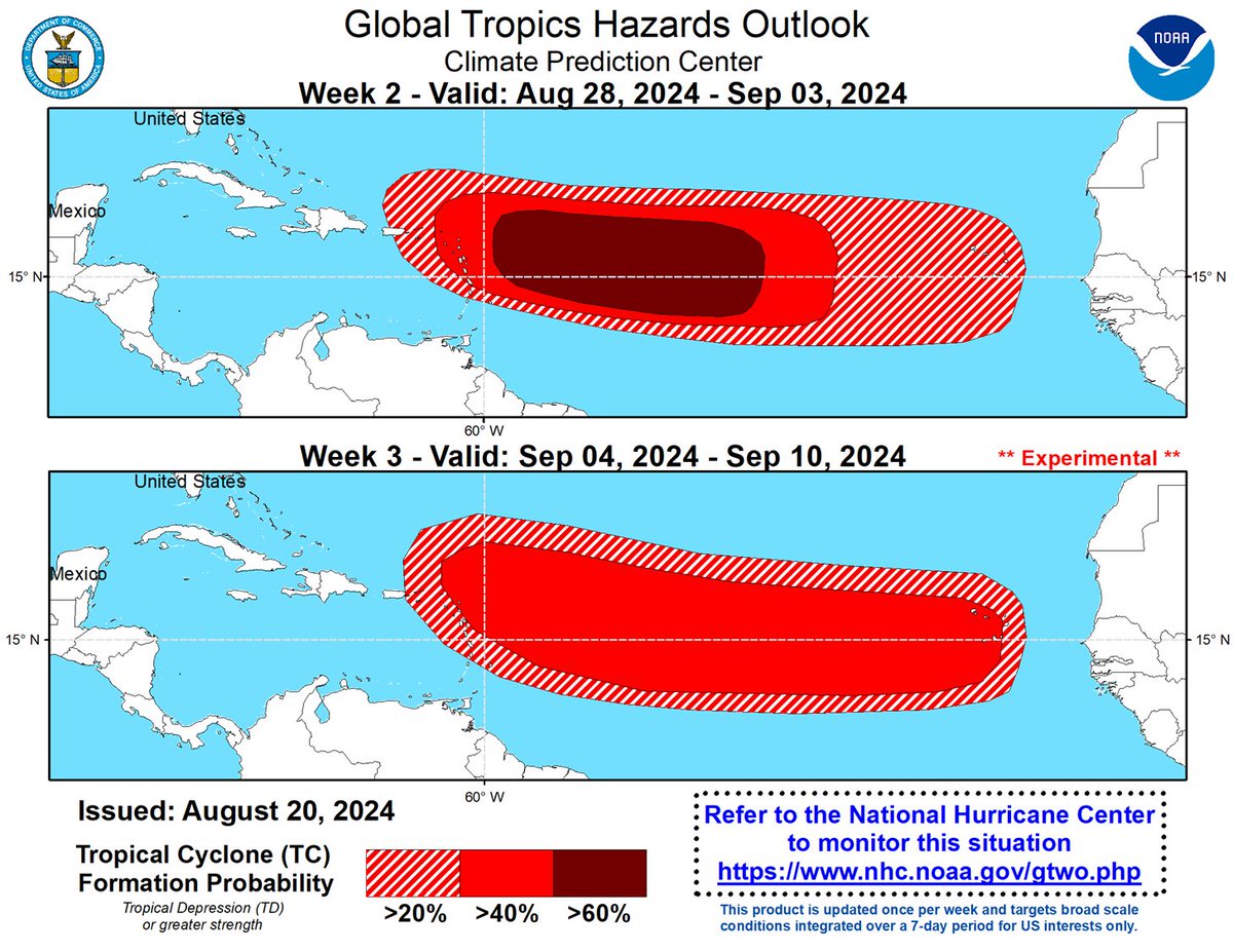 Tropical cyclone development in the Atlantic is becoming more likely toward the end of August and early September. Visit cpc.ncep.noaa.gov/products/preci… for more information on this outlook and follow <a href="/NWSNHC/">National Hurricane Center</a>!