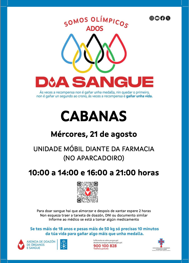 🥳👉Axenda da semana

Esta semana teremos fútbol, vela, Xiracan e contaremos co autobús para doar sangue.

¡Toma nota e non te perdas nada!

Toda a información na páxina web👇🏼
cabanas.gal/axenda-da-sema…