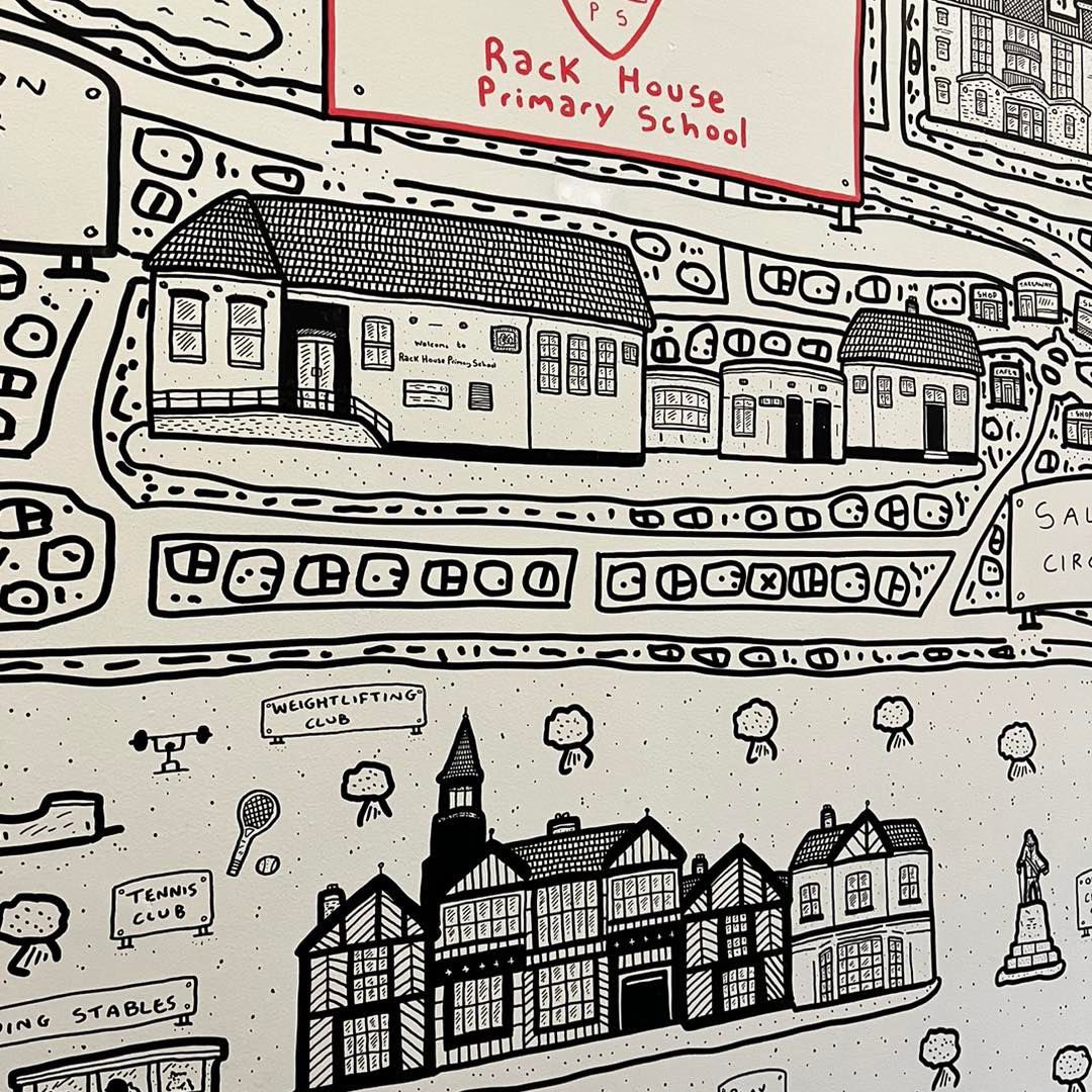DaveDraws_'s tweet photo. A few pictures of the #Manchester mural that I finished last week at @RackHousePS in their entrance!
This mural mainly focused on the city centre and South Manchester and featured landmarks chosen by the kids at the school and the adults as well! https://t.co/W6LoNOHC56