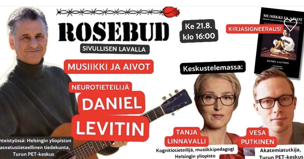 Huomenna keskiviikkona klo 16 on mahdollista päästä kuulemaan kiinnostavaa keskustelua aiheesta #musiikki ja #aivot, keskustelijoina <a href="/EduSciHelsinki/">Faculty of Educational Sciences, Univ. of Helsinki</a> <a href="/CoE_MMBB/">Music, Mind, Body and Brain</a> <a href="/Linnavalli/">Tanja Linnavalli</a> Vesa Putkinen <a href="/UniTurku/">Turun yliopisto - University of Turku</a> ja Daniel Levitin. Paikkana Rosebud Kaisaniemi.