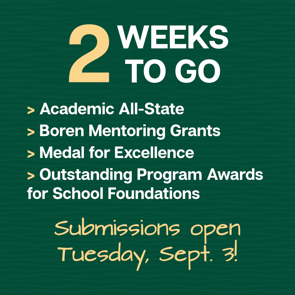 📌 Just two weeks to go! On Sept. 3, OFE will open submissions for Academic All-State, Boren Mentoring  Grants, Medal for Excellence and Outstanding Program Awards. #oklaed #ofeawards