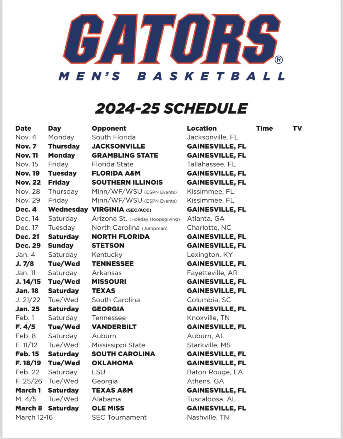 Florida Gators Basketball Schedule Printable