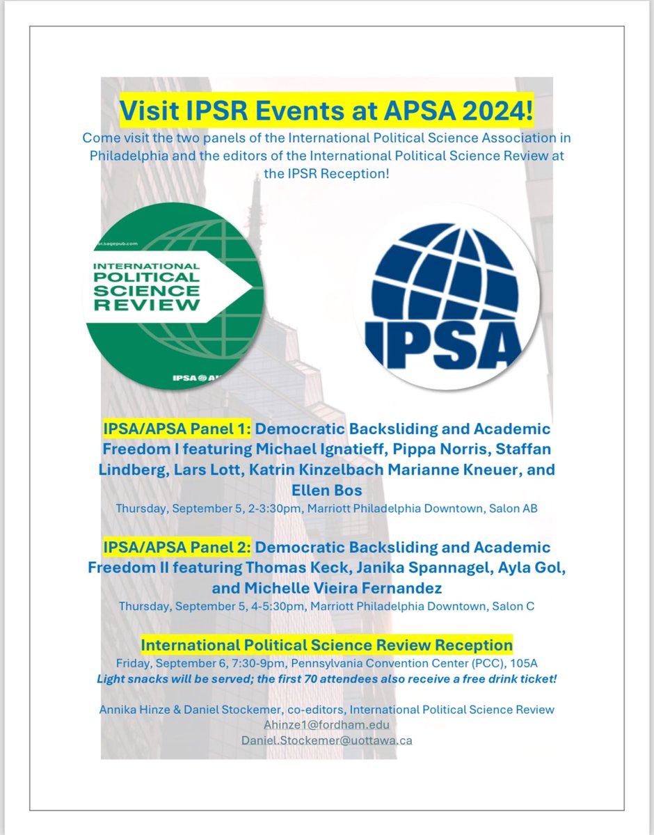Annika Marlen 🐈⬛🐈🌻 (@annikamarlen79) on Twitter photo If you’re in Philly for APSA this Sept, stop by on Sept 5 to attend our IPSA/APSA panels with an incredible lineup! Join us on Friday, Sept. 6 for a reception organized by <a href="/IPSR_Journal/">International Political Science Review</a>! The first 70 free drink tix! <a href="/APSAtweets/">APSA</a> <a href="/ipsa_aisp/">IPSA</a> <a href="/KasChair/">KAS Research Chair in Empirical Democracy</a> If you’re in Philly for APSA this Sept, stop by on Sept 5 to attend our IPSA/APSA panels with an incredible lineup! Join us on Friday, Sept. 6 for a reception organized by <a href="/IPSR_Journal/">International Political Science Review</a>! The first 70 free drink tix! <a href="/APSAtweets/">APSA</a> <a href="/ipsa_aisp/">IPSA</a> <a href="/KasChair/">KAS Research Chair in Empirical Democracy</a>