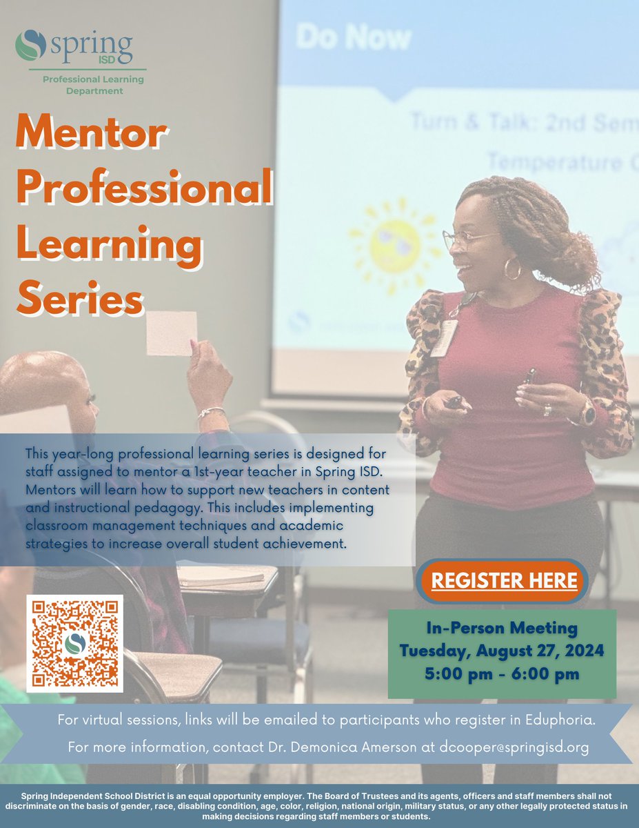 Calling all SISD New Teacher Mentors! It's time to sharpen your skills and work together to support our new teachers in Spring ISD. 
Join me on August 27, 2024 for our first Mentor PLS held at the SISD Transportation Building from 5p-6p.
<a href="/SpringISD/">Spring ISD</a> @SISD_TheForce <a href="/LaTracyHarris/">LaTracy Harris, Ed.D</a>
