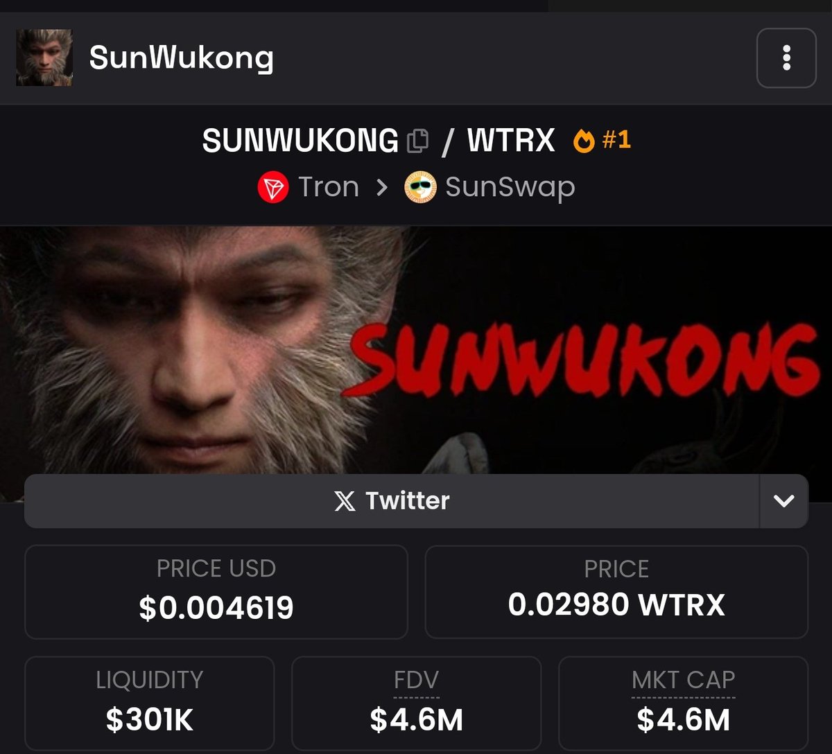 Ape into #SunWukong 

Currently at 4m MC after going as high as 
12m MC cos ceo of tron <a href="/justinsuntron/">H.E. Justin Sun 👨‍🚀 🌞</a> changed his profile pics to the pics of the meme.

C.A: TP3prcvQknVthrVnn281cKST56eWiLgJJM

Link to buy: sunpump.meme/?utm_source=tr…

X account <a href="/SunWukongOG/">SunWukong on TRX</a>