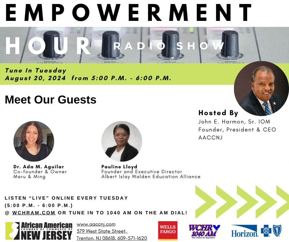 AACCNJ's tweet image. 🎙️ Tune in TODAY to Empowerment Hour! 🎙️

Catch the re-airing of past guests Dr. Ada M. Aguilar and Pauline Lloyd in an episode packed with insights. Hosted by John E. Harmon, Sr. IOM.

🕔 5 PM - 6 PM
🔗 wchram.com
📻 1040 AM
#EmpowermentHour #AACCNJ #Leadership
