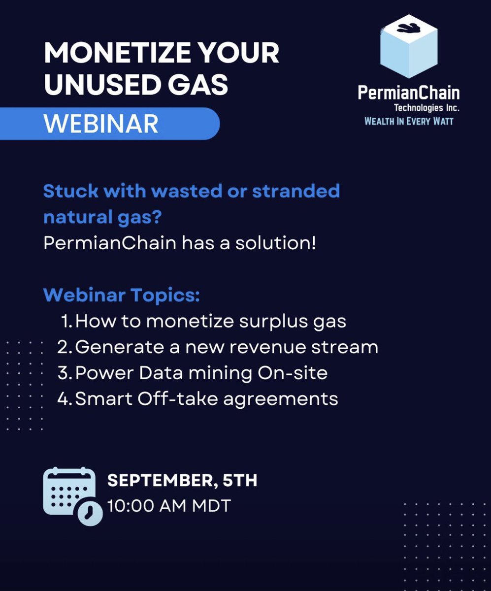 Are you a producer or operator dealing with wasted/stranded natural gas? We have a solution, join our complimentary webinar: Monetize Your Unused Gas

Can't attend live? RSVP and receive a recording to watch it later.
👉 Register here: go.permianchain.com/join-webinar-9…