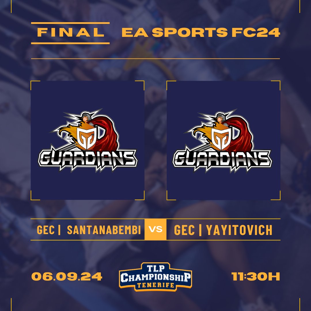 ⚽️🔥 Una final digna de una Champions

⚔️ Final de EA Sports FC24 en #TLPChampionship ⚔️
GEC | SantanaBembi vs <a href="/Yayitovich/">Abraham</a>

📅 6 de septiembre
🕕 11.30h
📍 Escenario Principal de #TLP2024

🍀 ¡Suerte, jugadores!
<a href="/Guardians_EC/">Guardians E.C.</a>

#IslasCanarias