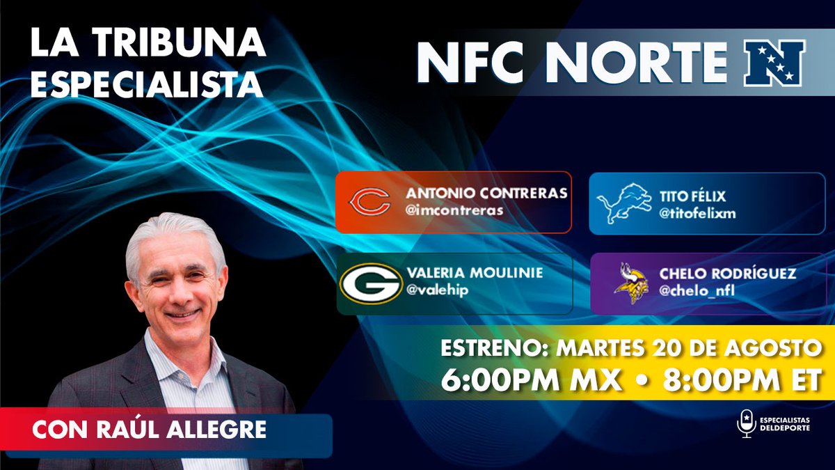 HOY #LaTribunaEspecialista #NFCNorte 
<a href="/RaulAllegre/">Raul Allegre</a> y los aficionados analizan #Bears, #Lions, #Packers y #Vikings 
Con @imcontreras, <a href="/titofelixm/">Tito Félix</a>, <a href="/valehip/">Valeria Moulinie</a> y @chelo_nfl
Martes ⌚ 6:00pmMX | 8:00pmET 
📺 YT / X / FB / Stream ▶ bit.ly/eddalaire