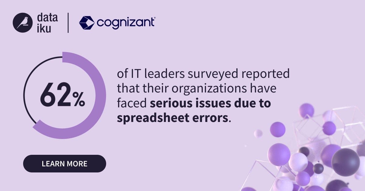 dataiku's tweet image. Still relying on spreadsheets for #DataManipulation? It's time for a smarter approach. 24% of organizations use spreadsheets as their main data tool, while 62% face serious issues due to errors.

🔗 Discover insights from 200 IT leaders in our latest blog: bit.ly/4fFp0ro