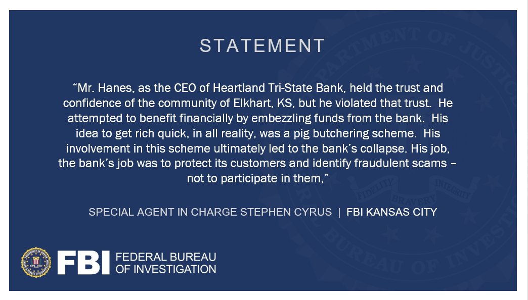 FBIKansasCity's tweet photo. Shan Hanes of Elkhart, KS was sentenced yesterday to more than 24 years in prison for using his former position as CEO of a bank to embezzle tens of millions of dollars in a cryptocurrency scheme.

https://t.co/LkN0Vk8zRf https://t.co/Jr13R3Acpt