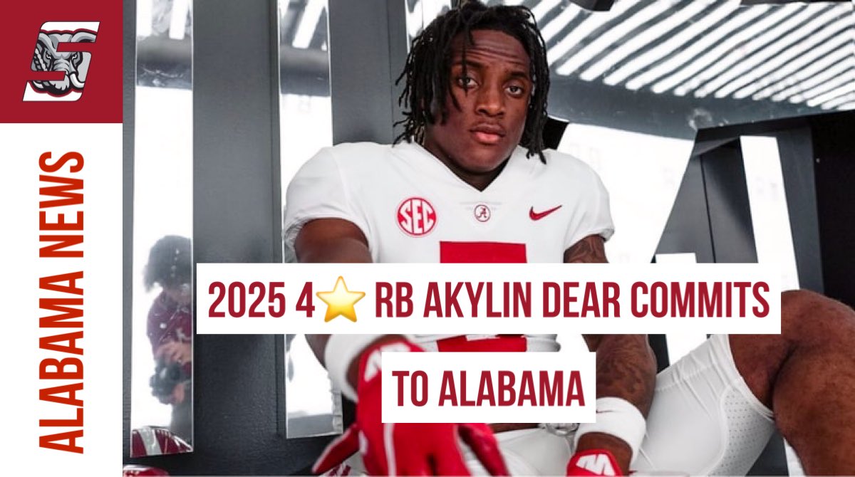 SSN_Alabama's tweet photo. BREAKING:

2025 4⭐️ RB Akylin Dear, top 2 RB in the nation, has committed to Alabama per @Hayesfawcett3.

Alabama lands the Ole Miss decommit, securing a commitment from the talented back over both Mississippi schools. https://t.co/xxc5E2NziU