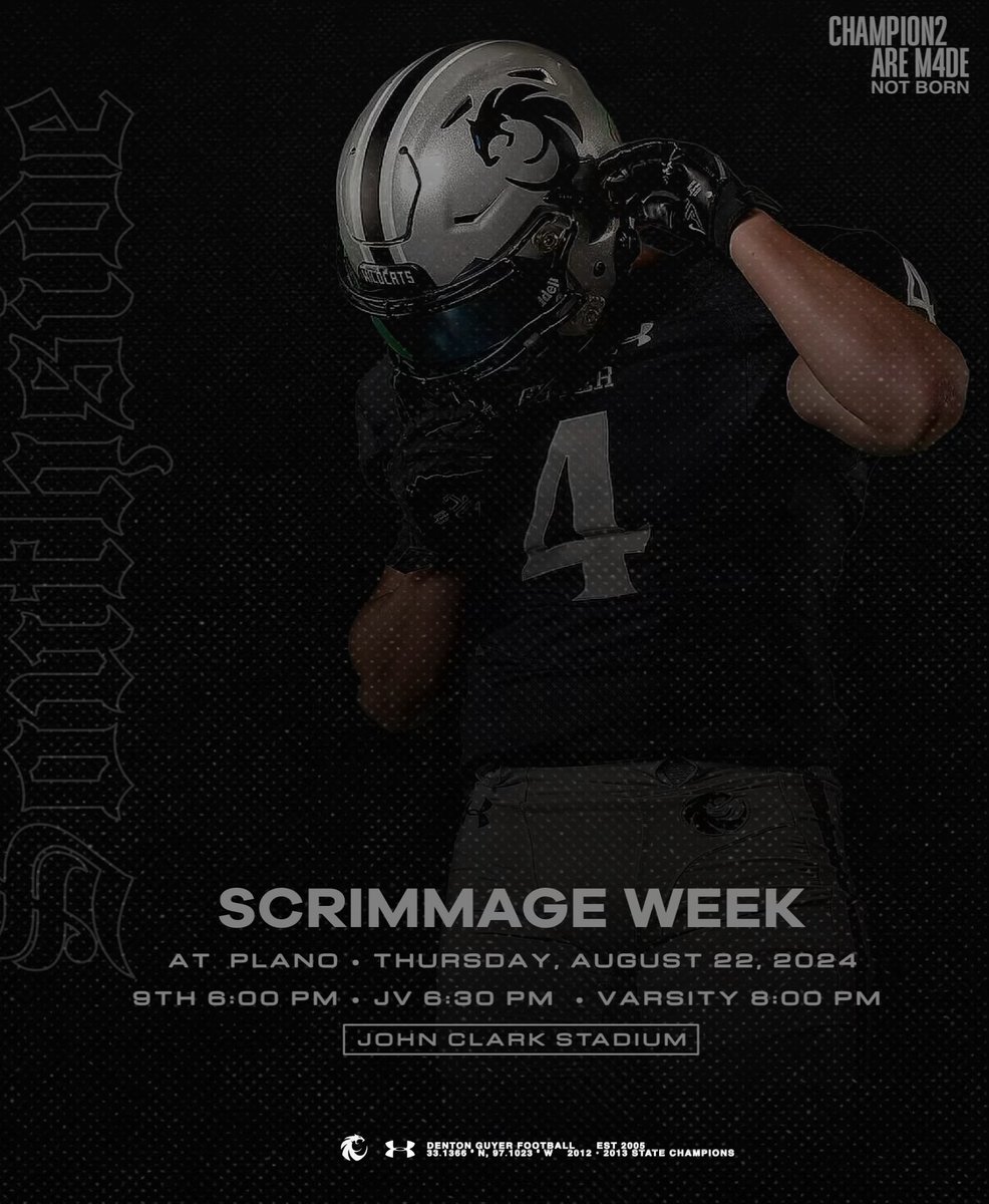 DentonGuyer_FB's tweet photo. 𝐒𝐜𝐫𝐢𝐦𝐦𝐚𝐠𝐞 𝐖𝐞𝐞𝐤

ɢᴜʏᴇʀ ᴀᴛ ᴘʟᴀɴᴏ
📅 Thursday, Aug 22nd 
🕡 9th at 6:00 pm &amp; JV at 6:30 pm
🕗 Varsity at 8:00 pm
📍 John Clark Stadium 

#Southside | #DifferentBreed https://t.co/LPT3MKaA88