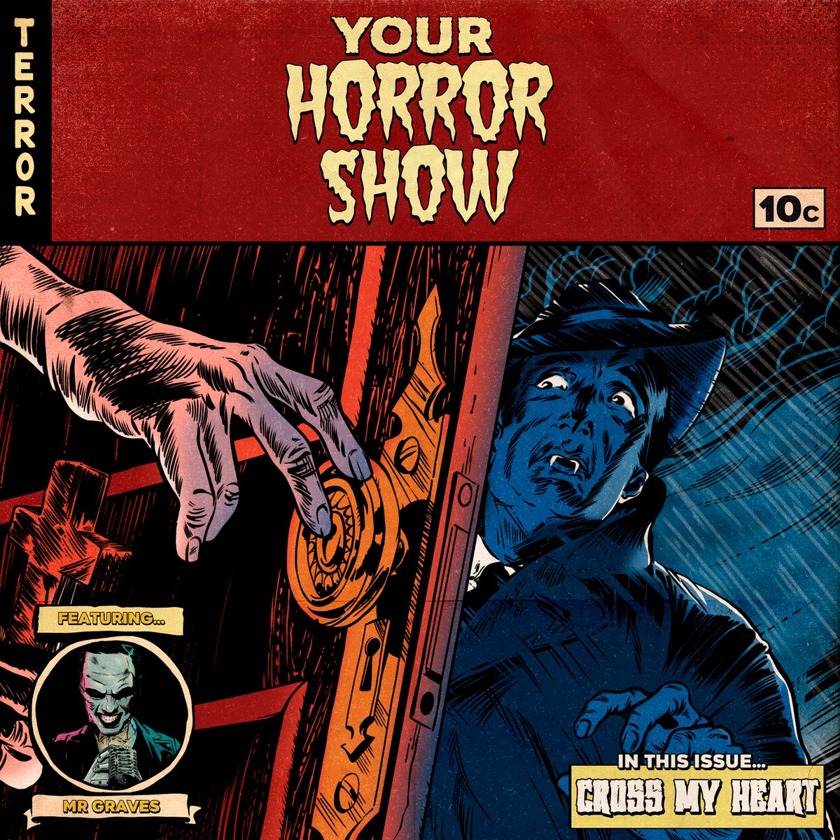 Yourhorrorshow's tweet photo. “Cross My Heart” out now. 😈🎧🧛‍♂️

A darkly comedic story about monsters and those that hunt them.

Featuring @JeffBowerLA and @horrificnathan 

Produced by @GavinBooth Sade sellers and Jonathan Graves

https://t.co/PtIQxd5aR8 https://t.co/eVLCCEbMmM