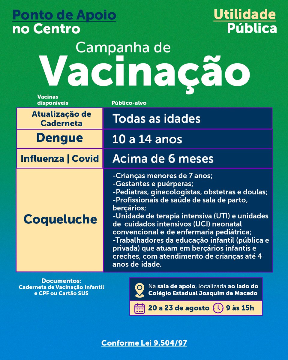 pmbpoficial's tweet photo. UTILIDADE PÚBLICA

A Secretaria Municipal de Saúde informa que a campanha de vacinação continua no Centro, na Sala de Apoio localizada ao lado do Colégio Estadual Joaquim de Macedo, de 9 às 15 horas, durante os dias 20 a 23 de agosto.

Vacinas disponíveis descritas no post! https://t.co/Bb5dqCdCYP