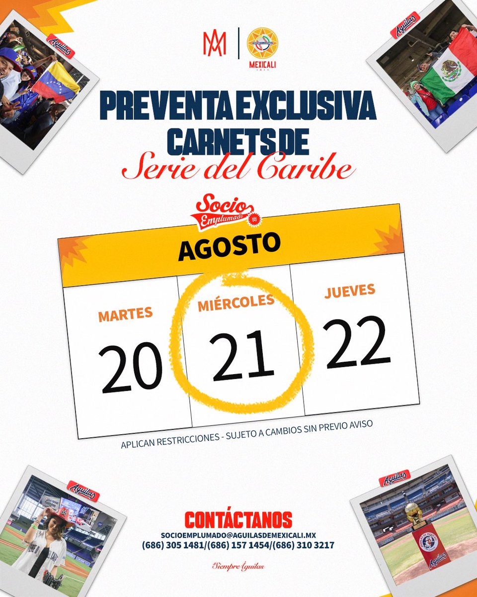 AguilasDeMxli's tweet photo. ยกMarca tu calendario! ๐๏ธ๐๐ฆ
MAรANA inicia la Preventa Exclusiva de Carnets de Serie del Caribe ๐๐๐ฑ๐ข๐๐๐ฅ๐ข ๐๐๐๐, para nuestros ๐๐จ๐๐ข๐จ ๐๐ฆ๐ฉ๐ฅ๐ฎ๐ฆ๐๐๐จ โฅ๏ธ๐คฉ
Contรกctanos:
SocioEmplumado@aguilasdemexicali.mx
WhatsApp: (686) 305 1481 / (686) 157 1454
#EnCalor https://t.co/OHavBC8jh3