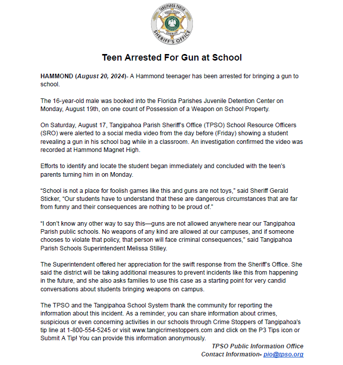 Tangipahoa Parish Sheriff's Office tweet media