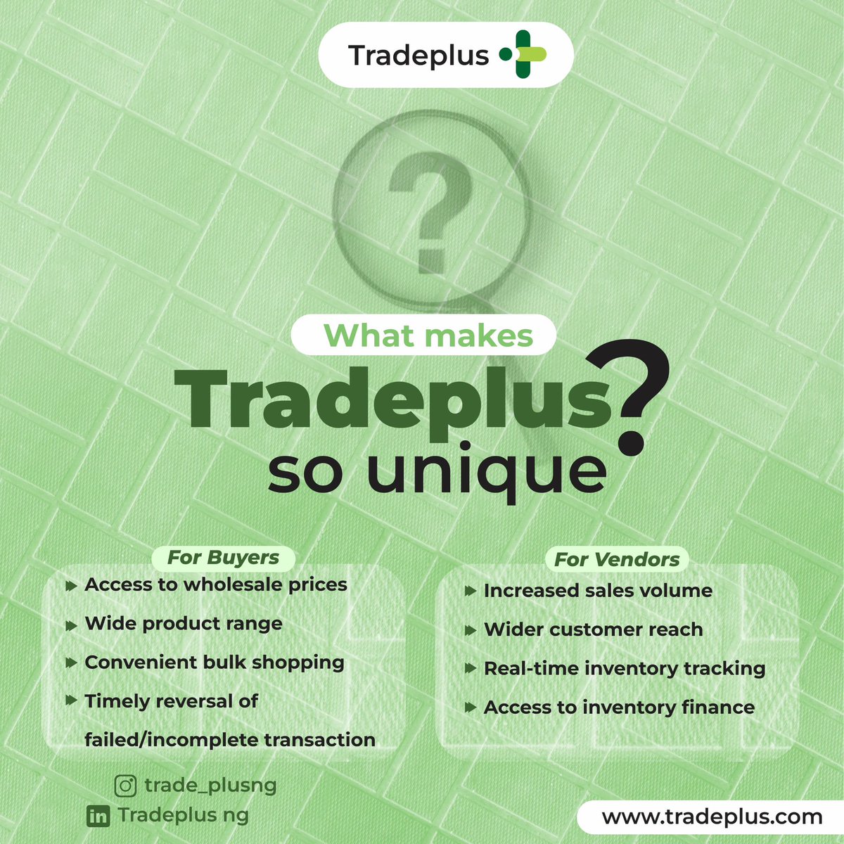 Tradeplus_ng's tweet photo. Trade plus offers unique benefits to buyers and vendors alike. 

Visit https://t.co/mAMzrOaN9x now to enjoy these benefits and more.

#shoppingonline #vendors #shoppers #tradeplus https://t.co/xAJZ91ViE5