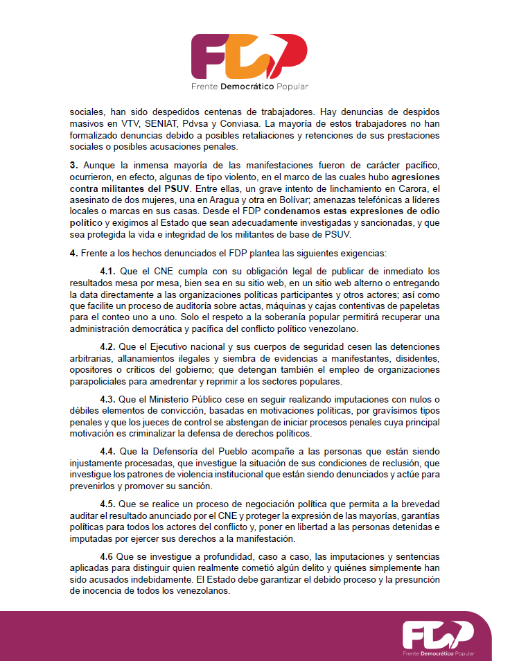 ElFrente_ve's tweet image. Segunda Declaración del Frente Democrático Popular en torno a la Represión y los Derechos Humanos en Venezuela luego de las elecciones del 28 de julio.
